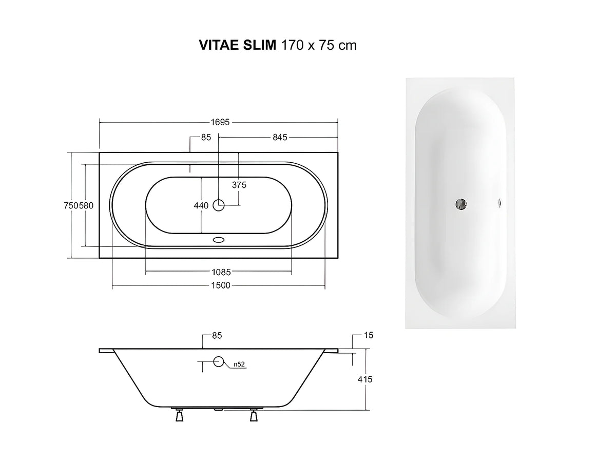 Baignoire Rectangulaire 170x75 Acrylique Blanc - VITAE SLIM - vue 3