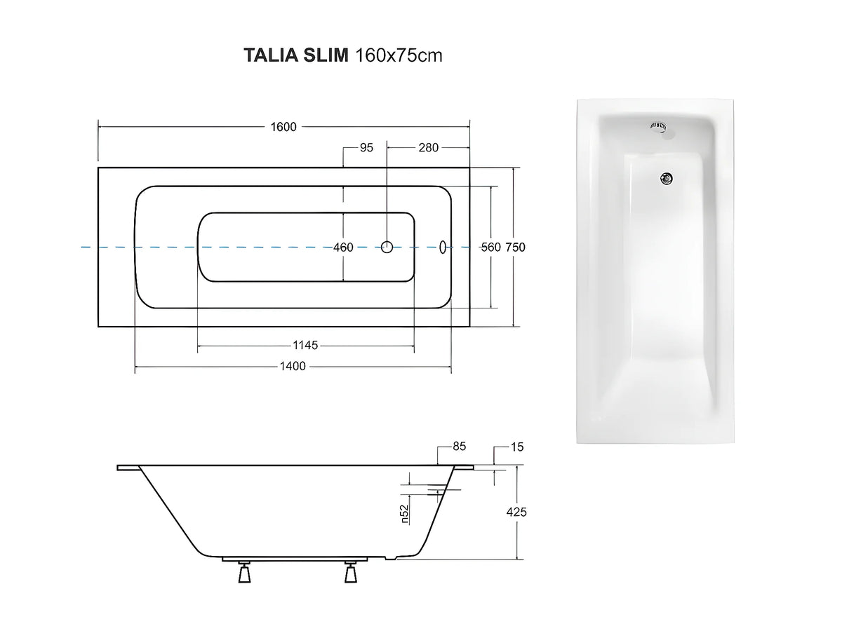 Baignoire Rectangulaire 160x75 Acrylique Blanc - TALIA SLIM - vue 3