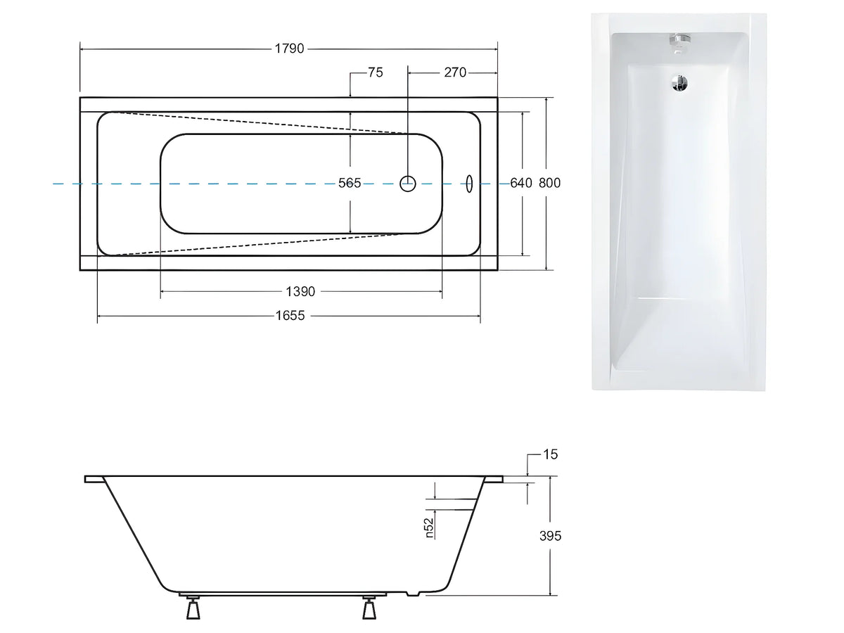 Baignoire Rectangulaire 180x80 Acrylique Blanc - MODERN SLIM - vue 4