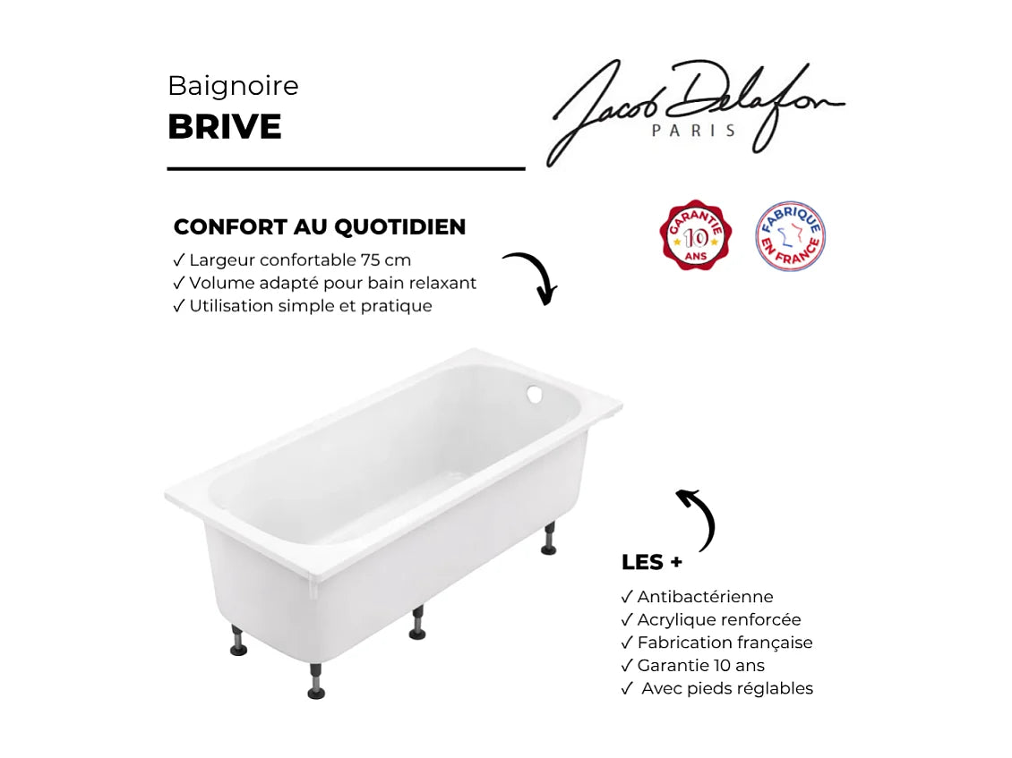 Baignoire Rectangulaire 170x75 Acrylique Gris Clair - BRIVE - vue 4