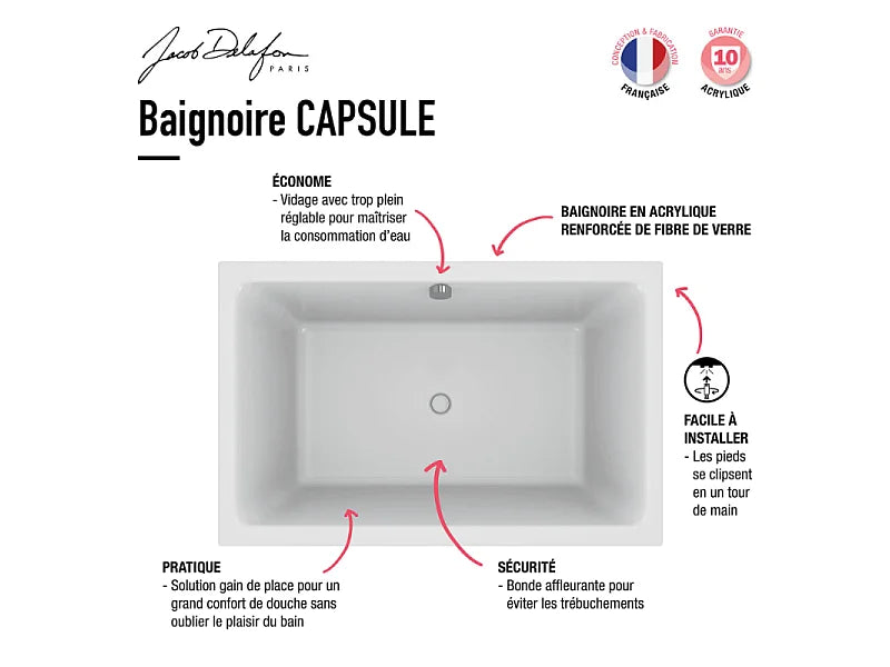 Baignoire Bain-Douche Asymétrique 120x80 Acrylique Gris Clair avec Pare-Bain - CAPSULE - vue 4
