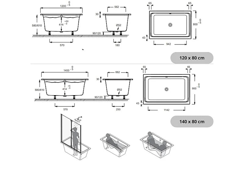 Baignoire Bain-Douche Asymétrique 120x80 Acrylique Gris Clair avec Pare-Bain - CAPSULE - vue 5
