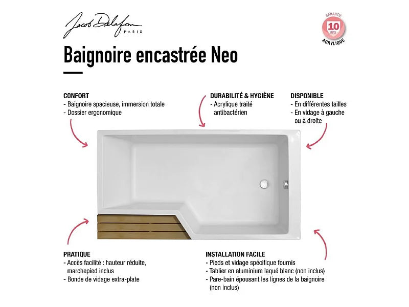 Baignoire Bain-Douche Asymétrique 160x90 Acrylique Gris Clair avec Pare-Bain et Tablier - NEO - vue 7