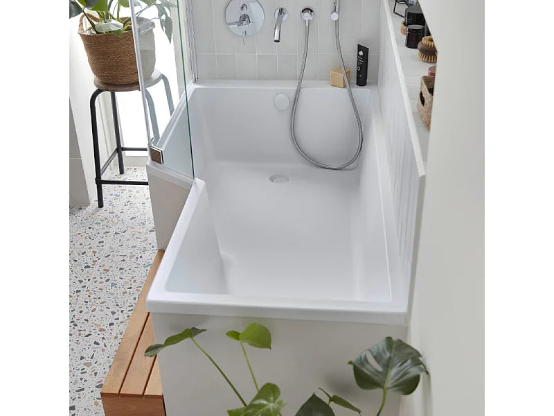 Baignoire Bain-Douche Asymétrique 160x90 Acrylique Gris Clair avec Pare-Bain et Tablier - NEO - vue 2