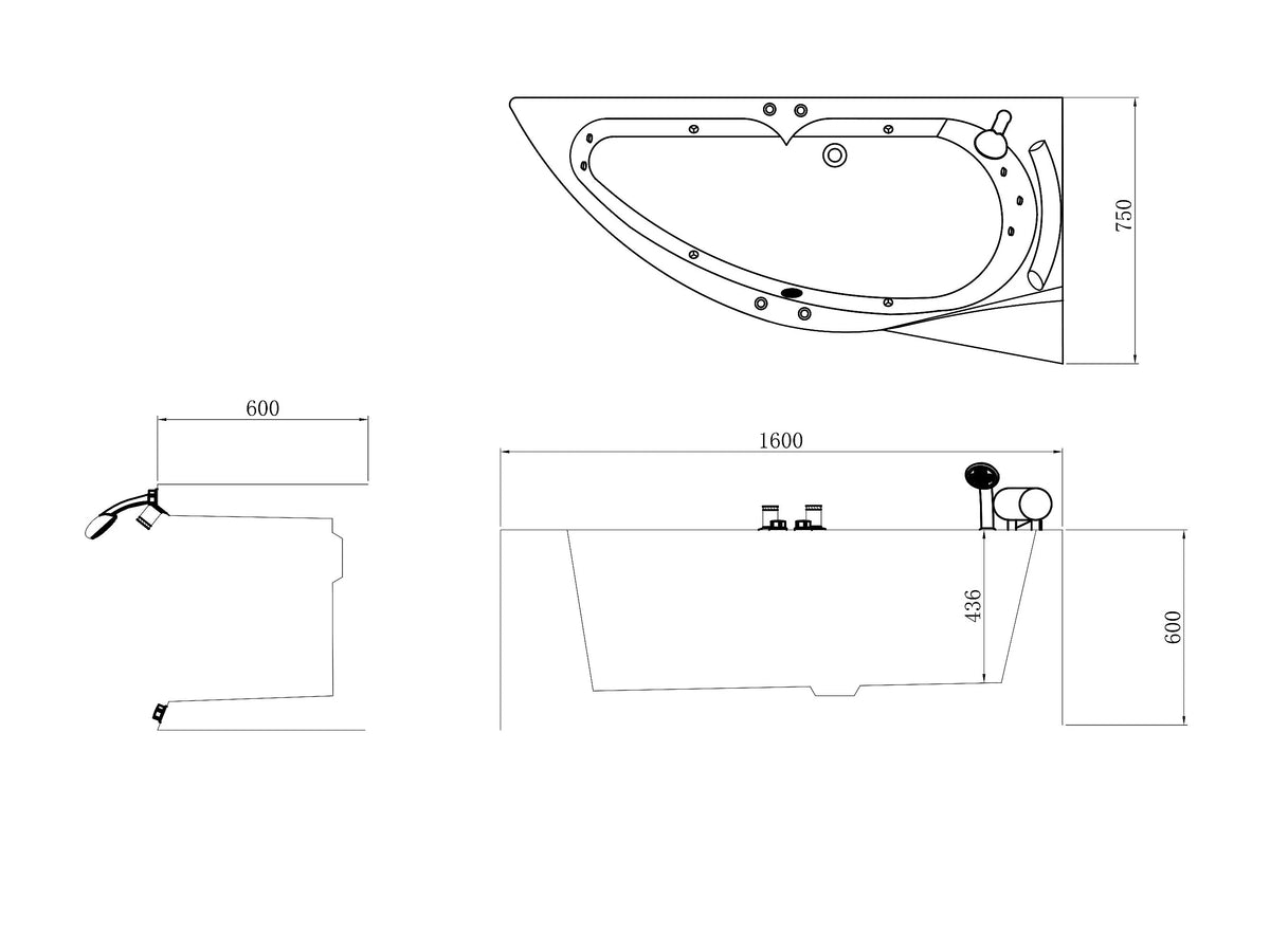 Baignoire Balnéo d'Angle 150x100 Acrylique Blanc avec Robinetterie - LUANA - vue 8