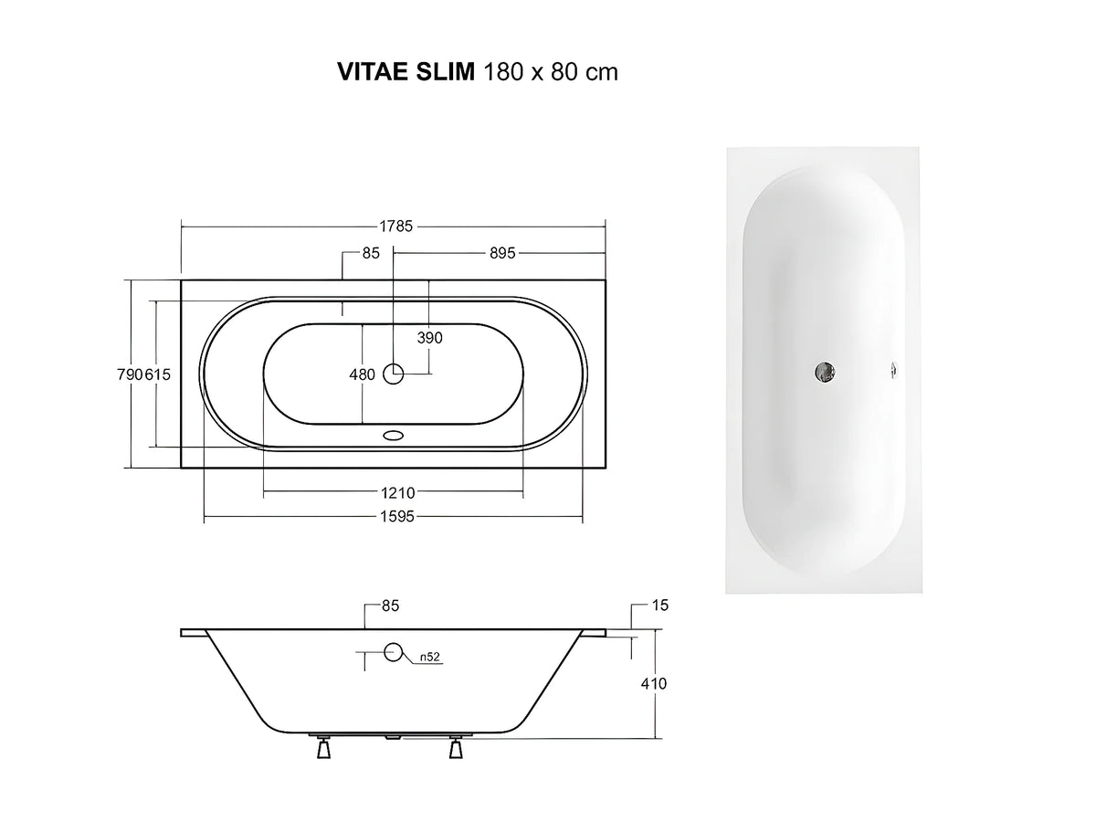 Baignoire Rectangulaire 180x80 Acrylique Blanc - VITAE SLIM - vue 3