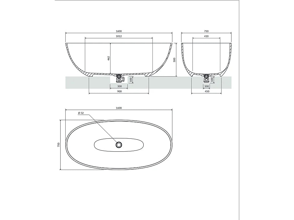 Baignoire Îlot 160x75 Résine Minérale Gris - SHELL - vue 5