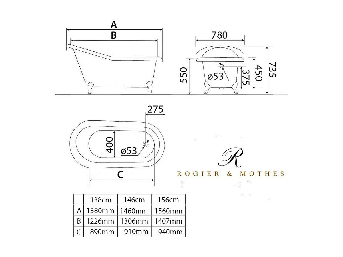 Baignoire Ovale 138x78 Fonte Blanc - ASHFORD - vue 2