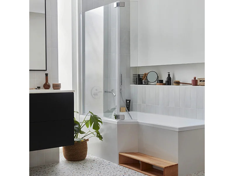 Baignoire Bain-Douche d'Angle 160x90 Acrylique Gris Clair avec Pare-Bain et Tablier - NEO